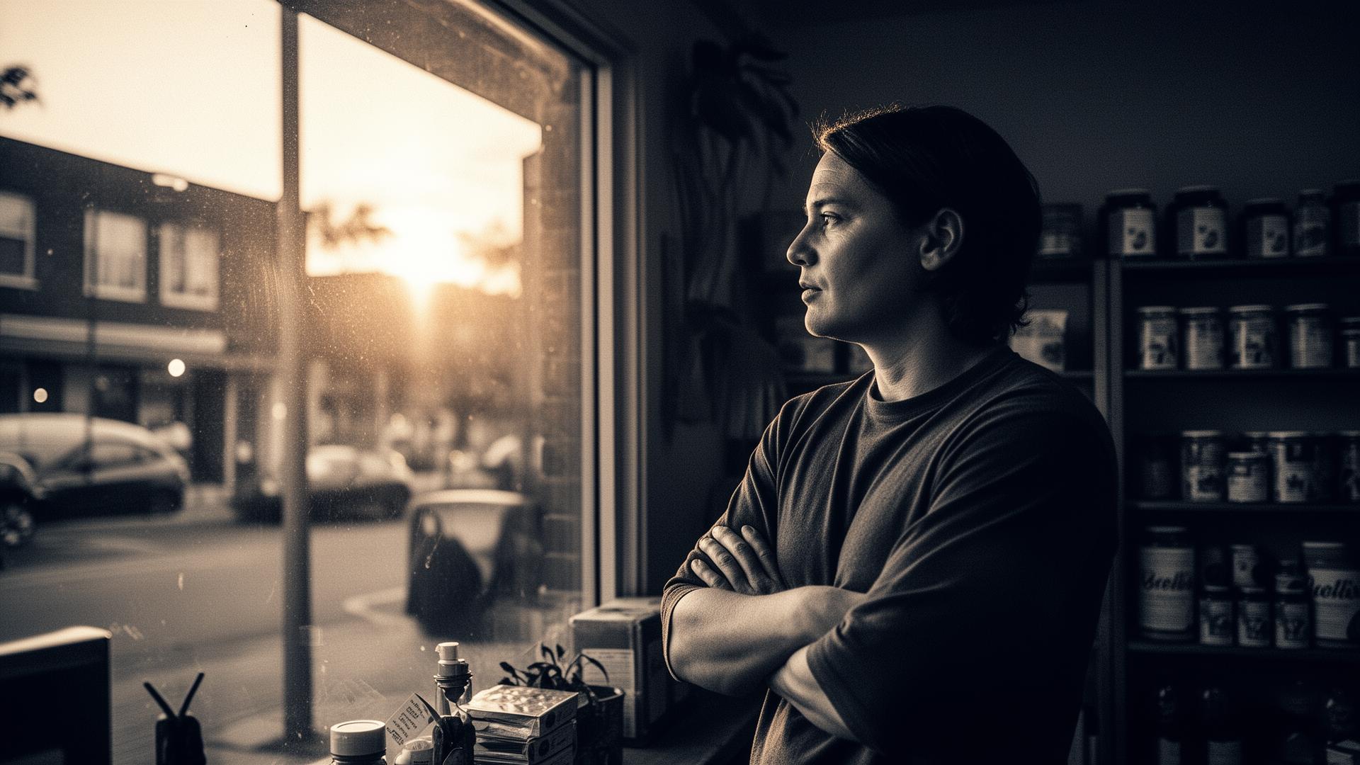 Small business owner standing in their shop at sunset